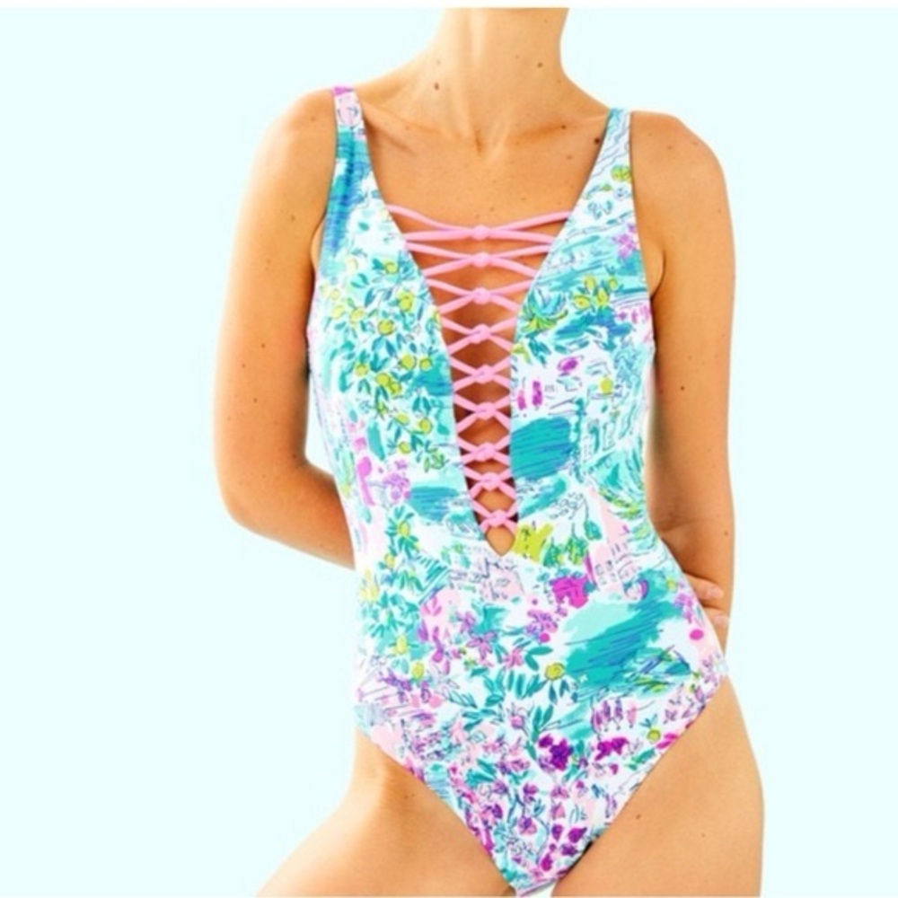 Lilly Pulitzer Isle Lattice Swimsuit Postcards From Positano Print Size 8 EUC